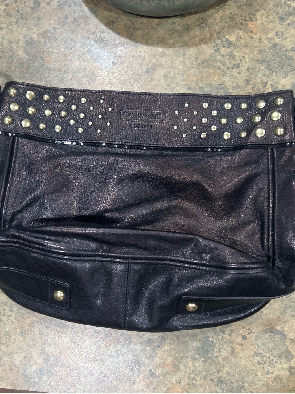 Coach Black Leather Studded Clutch with Gold-Tone Accents